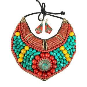 Tibetan Turquoise / Coral Beaded Neck Plate Bib  Necklace + Earrings